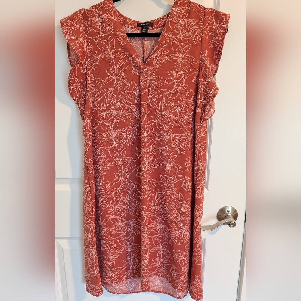 Halogen Rust Floral Midi Dress with Ruffle Sleeves